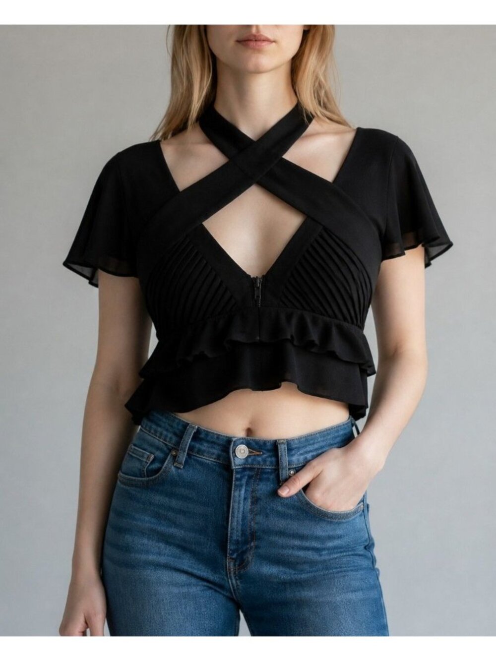 Nasty Gal Women's Size L Black Ruffle Crop Top Choker Neck Architectural Design